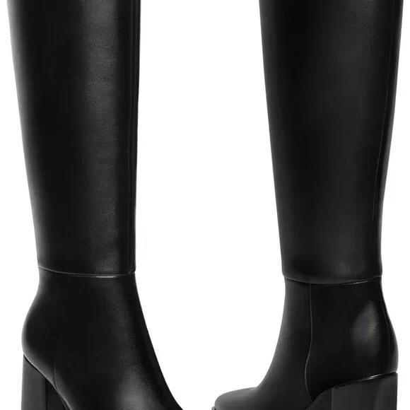 New Women's Black Knee High Boots, Size 6, Pointed Toe, Chunky Block Heel, Platf